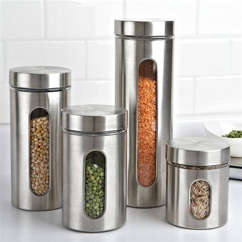 4 piece Stainless Steel and Glass Canister Set with Window Design