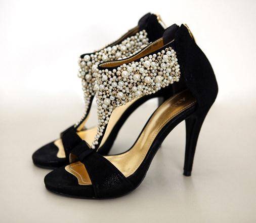 Hand Made Pearl Beads High Heel Sandle in Nude / Black Size 2-6