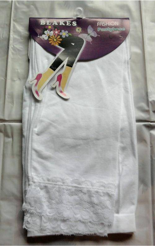 STRETCH LEGGINGS WITH LACE BOTTOM,WHITE , SIZE L