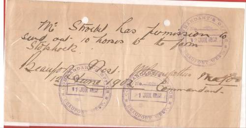 1902 Rare Boer War Verlofbrief - Beaufort West