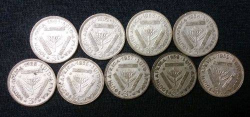 A COLLECTION OF 3d COINS FROM 1951-1959 BIDDING ARE PER COIN