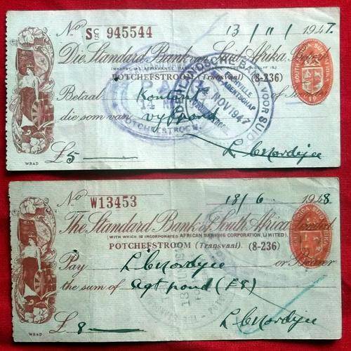 2x STANDARD BANK cheques 1947+1948 - Potchefstroom T.V.L.
