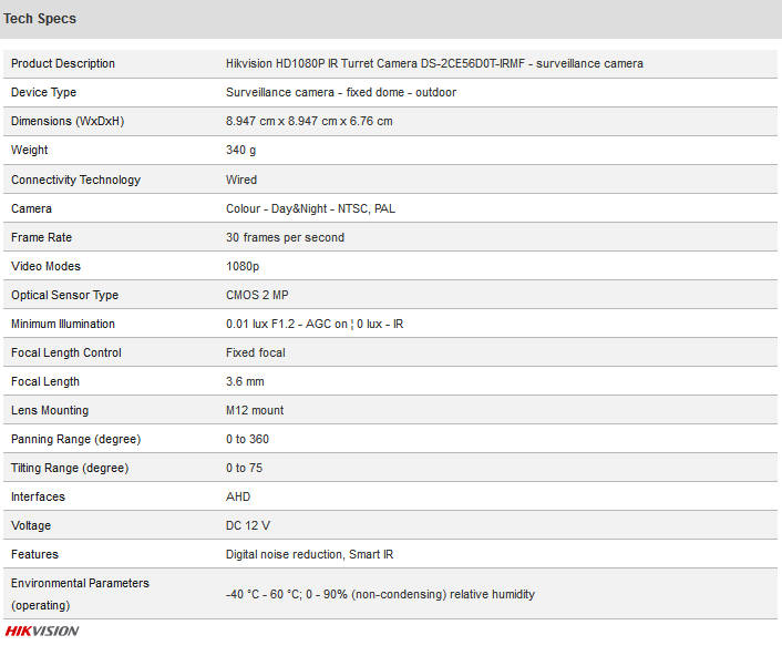 Hikvision HD1080P IR Turret Surveilance Camera 2MP