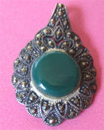 Solid Sterling Silver, Marcasite  and Green Agate  Pendant