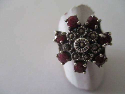 925  Sterling Silver , Marcasite and Rubies  Ring