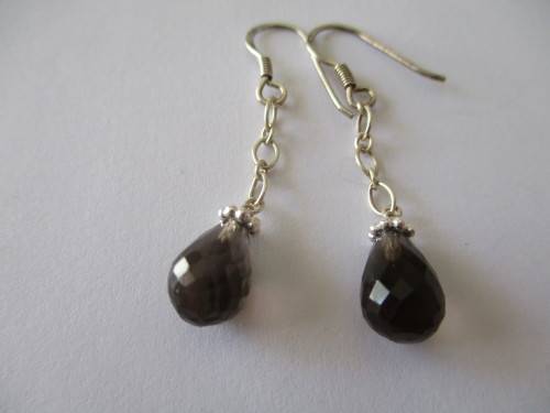 925 Sterling Silver and Genuine  Smoky Quartz Faceted  Drop  Earrings