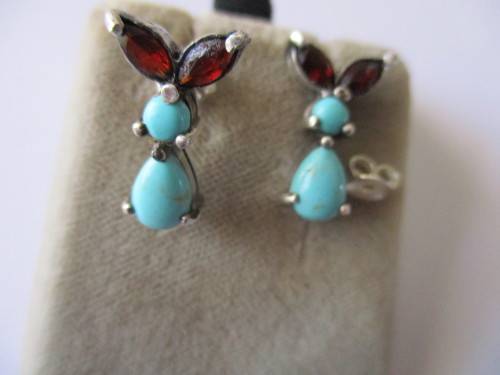 925 Sterling Silver, Garnets & Turquoise Earrings