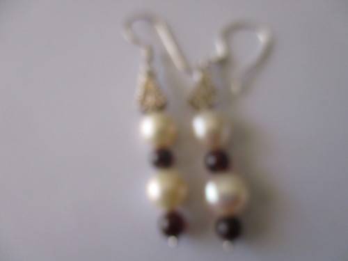 925 Sterling Silver  Fresh Water Pearls and Genuine Garnets Earrings