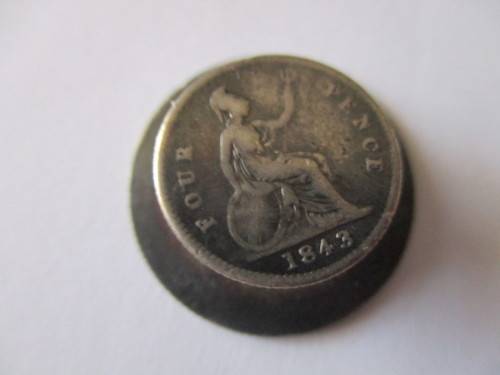 One cufflink,1843 Great Britain 4 Pence Silver Coin and Britanniarum