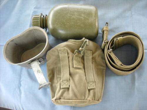 Army Webbing Lot : Belt + Plastic Water Bottle with Web Holder + Metal Mug