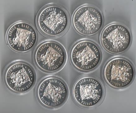 TEN PROOF REPUBLIC of SOUTH AFRICA 80% SILVER R1s. VARIOUS YEARS. ENCAPSULATED. As per Scans.