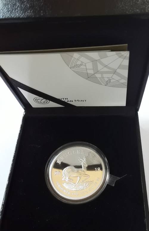 RSA ONE OUNCE 2018 PROOF SILVER KRUGERRAND IN PRESENTATION BOX, CAPSULE & WITH CERT of AUTHENTICITY.