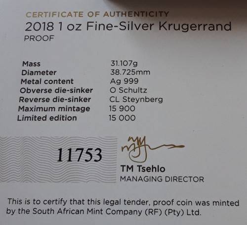 RSA ONE OUNCE 2018 PROOF SILVER KRUGERRAND IN PRESENTATION BOX, CAPSULE & WITH CERT of AUTHENTICITY.