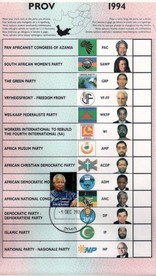 NELSON MANDELA  1918  - 2013, PROV. BALLOT PAPER HAND FRANKED WITH THE DATE OF MADIBA's PASSING..