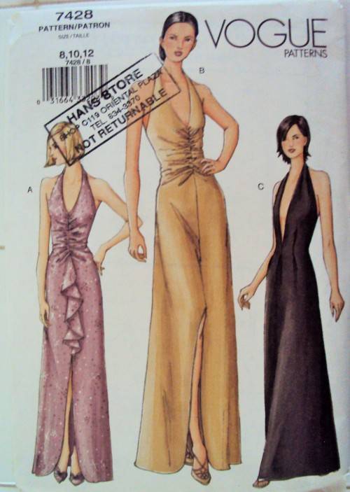 Vogue 7428 Sexy slinky halter neck evening dress, plunging neckline (part cut sewing pattern) VGC