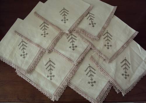 9 off cotton serviettes, hand cross stitch corner and lace edging -  Unused, Crisp VGC