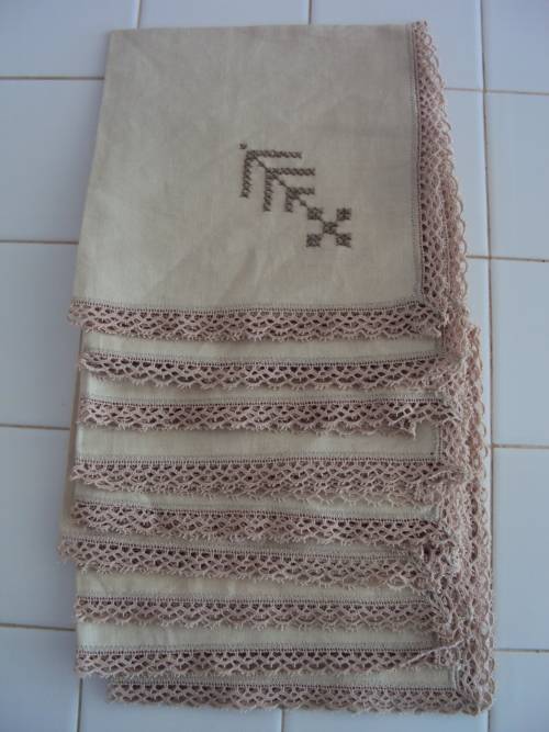 9 off cotton serviettes, hand cross stitch corner and lace edging -  Unused, Crisp VGC