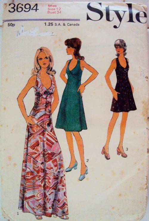 Vintage ladies halterneck dress in two lengths Size 12 (bust 34) - cut pattern, age wear & tear
