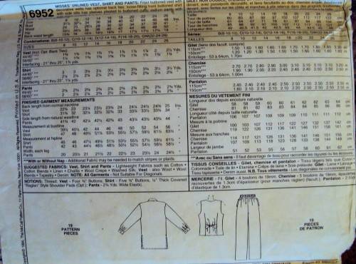 EASY McCall's 6952 Unlined Vest, shirt & Pants Size 12-16 ***Complete (env wear & tear)