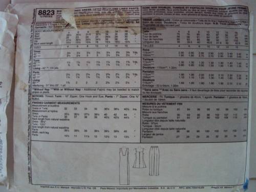 Unlined Dress, Lined Tunic & Pants McCall's 8823 Size 14 **Complete&checked