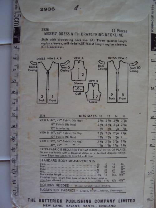 Vintage Soft & Easy DRAWSTRING DRESS Butterick 2936 Size 12 (32" bust)***COMPLETE & checked