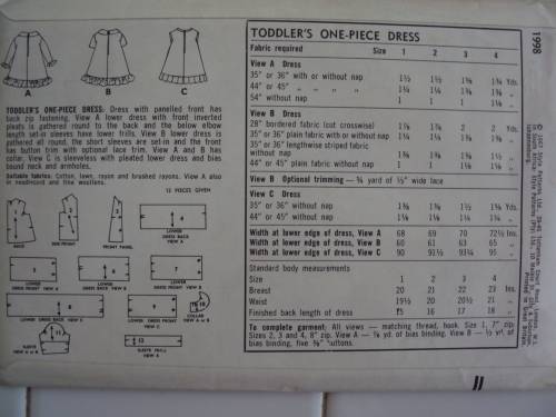 Toddler Dress with panelled front STYLE 1998 Size 2yrs  **Uncut & unused Vintage