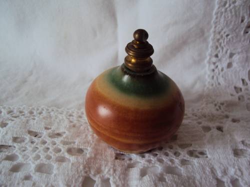 KOUROS GREECE pottery & brass perfume bottle with dipping wand 6cm tall Vintage