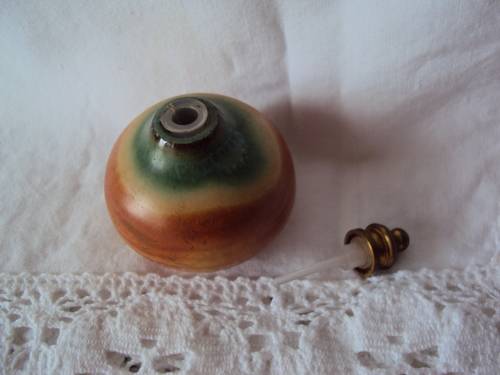 KOUROS GREECE pottery & brass perfume bottle with dipping wand 6cm tall Vintage