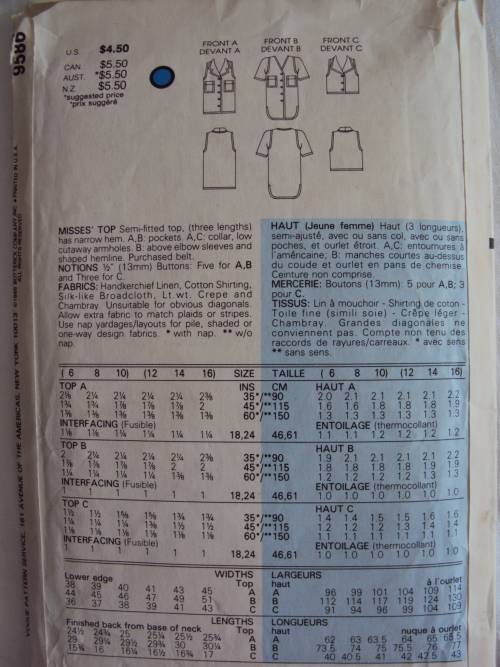 VINTAGE SEMI FITTED BLOUSES 3 LENGTHS Size 12-16 Very Easy Vogue 9586  **UNCUT & UNUSED