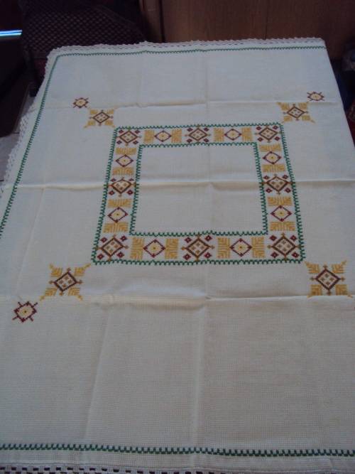 Hand embroidered 100% strong cotton Tablecloth with hand crochet edging  Size: 119 x 95cm