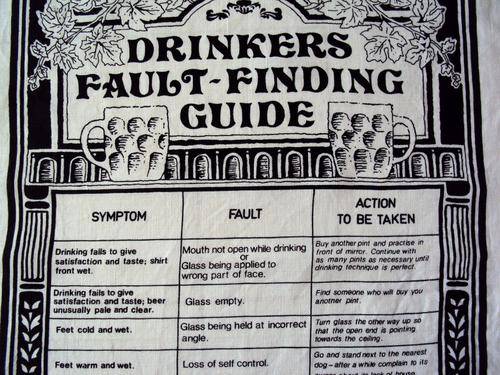 IRISH LINEN - Humerous & BIG linen towel DRINKERS FAULT FINDING (vintage, unused, still crisp)