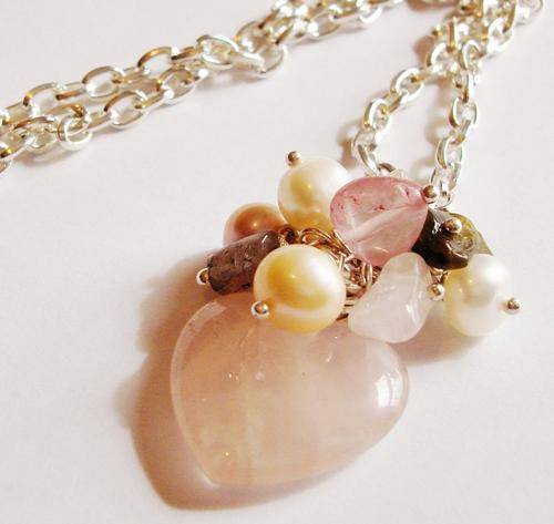 MARYKAY -  ROSE QUARTZ CLUSTER HEART PENDANT AND CHAIN WITH FRESHWATER PEARLS AND LABRADORITE