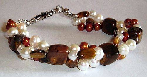 MARYKAY COLLECTION - STRIKING 3 STRAND FRESHWATER PEARL & TIGERS EYE BRACELET