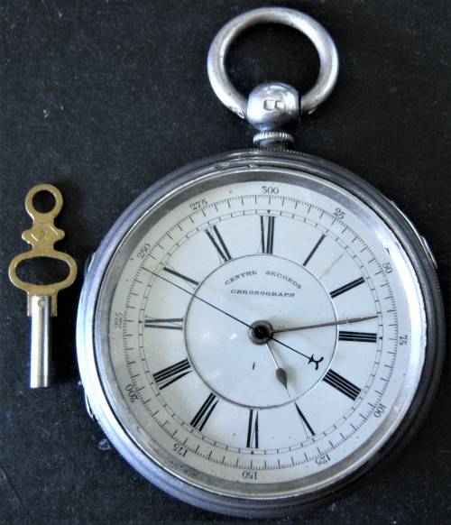 VINTAGE SILVER, CENTRE SECONDS CHRONOGRAPH WITH KEY, CIRCA 1889 - 59 MM WIDE SEE DESCIPTION BELOW