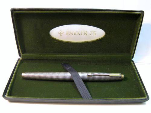 PARKER 75 - STERLING SILVER MADE IN USA, EARLY MODEL, VERMEIL GRID PATTERN, GOLD FILLED TRIM