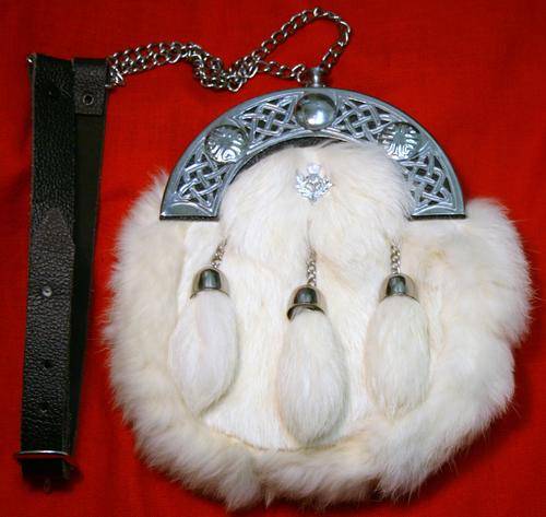 SCOTTISH SPORRAN MADE OF RABBIT FUR AND LEATHER WITH 3 TASSLES IN ALMOST NEW CONDITION