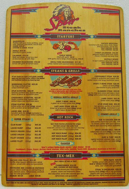 OLD SPUR STEAK RANCHES MENU WHEN A SPARE RIB WAS R52.95 - GOOD CONDITION