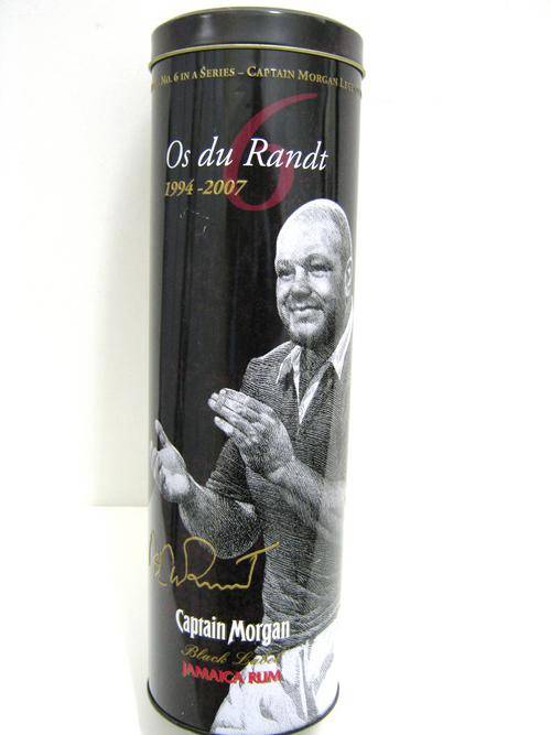 CAPTAIN MORGAN TIN WITH PHOTO & WRITE UP ON OS DU RAND, GIVING HISTORY ETC ON HIM