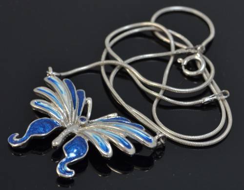 GENUINE BLUE SAPPHIRE 925 STERLING SILVER ENAMEL BUTTERFLY NECKLACE