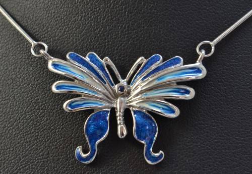GENUINE BLUE SAPPHIRE 925 STERLING SILVER ENAMEL BUTTERFLY NECKLACE