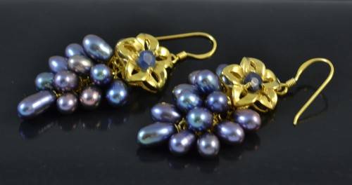 STUNNING REAL SAPPHIRE AND FRESHWATER PEARL 925 SILVER EARRINGS