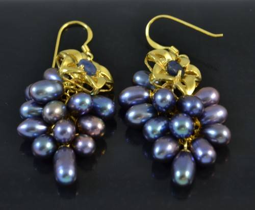 STUNNING REAL SAPPHIRE AND FRESHWATER PEARL 925 SILVER EARRINGS