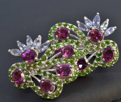 GORGEOUS OVAL RHODOLITE GARNET, CHROME DIOPSIDE & TANZANITE 925 SILVER EARRINGS