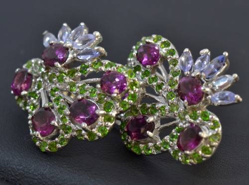 GORGEOUS OVAL RHODOLITE GARNET, CHROME DIOPSIDE & TANZANITE 925 SILVER EARRINGS