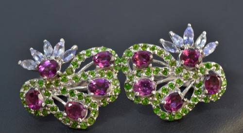 GORGEOUS OVAL RHODOLITE GARNET, CHROME DIOPSIDE & TANZANITE 925 SILVER EARRINGS
