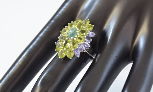 GENUINE PERIDOT EMERALD & TANZANITE 925 SILVER RING SIZE 8