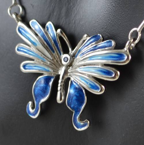 GENUINE BLUE SAPPHIRE 925 STERLING SILVER ENAMEL BUTTERFLY NECKLACE