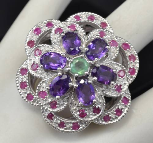 REAL AMETHYST, EMERALD AND RUBY 925 SILVER RING SIZE 8.5