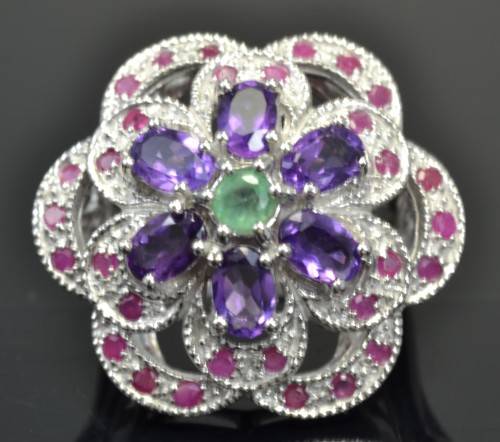 REAL AMETHYST, EMERALD AND RUBY 925 SILVER RING SIZE 8.5