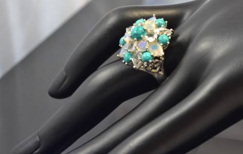 STUNNING! REAL AQUMARINE, FIRE OPAL & TURQUOISE 925 SILVER RING SIZE 7.5